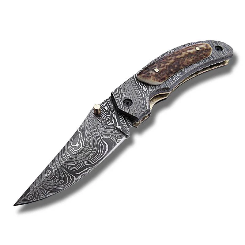 Couteau De Poche Manche En Bois De Cerf Et Damas 1 Couteau De Poche Manche En Bois De Cerf Et Damas